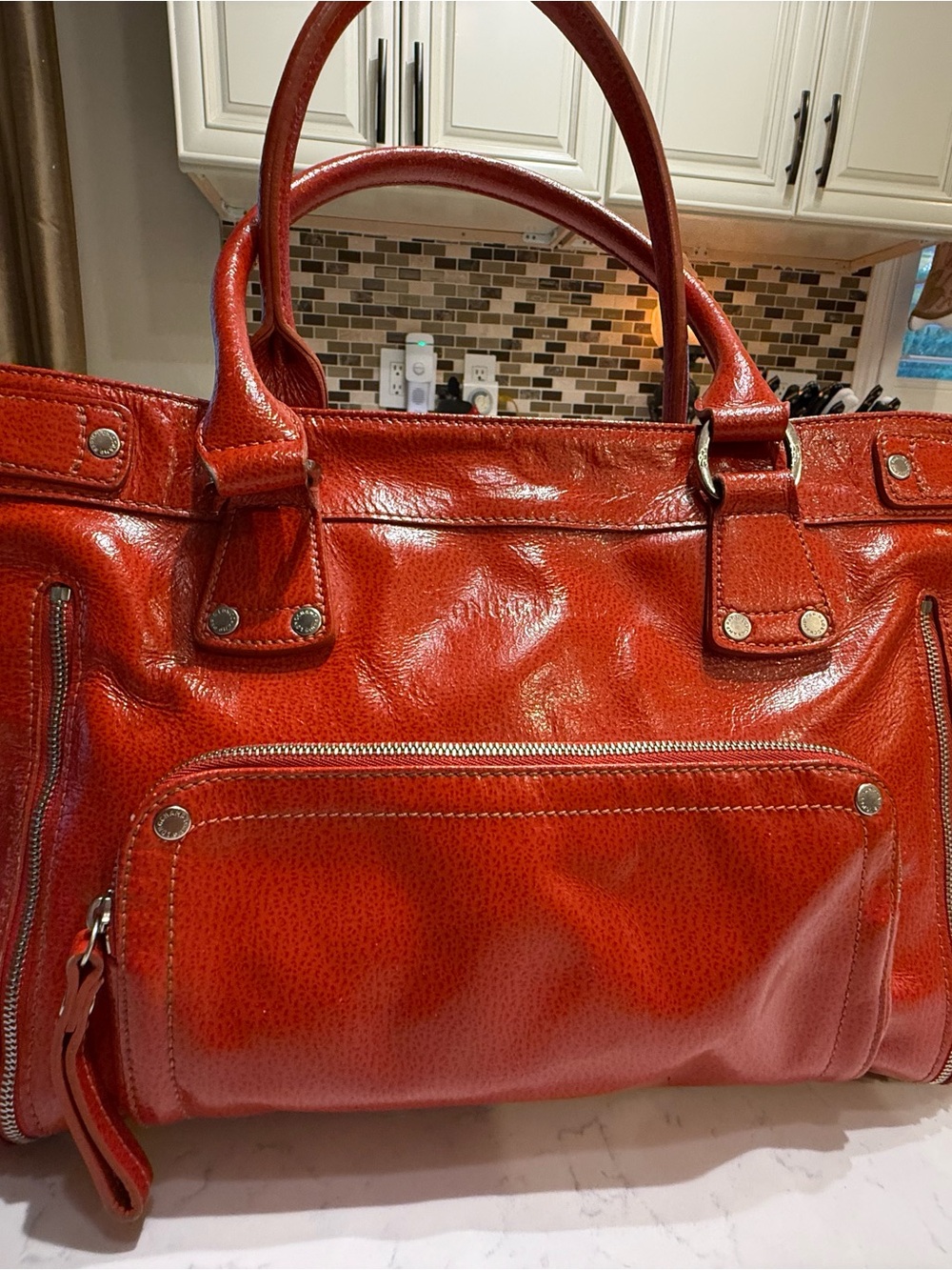 Longchamp Red Leather Satchel with Front Zip Pocket